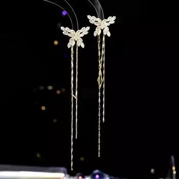 Long super fairy earrings for women s high-end sense, a two-wear earring S925 silver needle butterfly zircon fringed stud earrings. белый