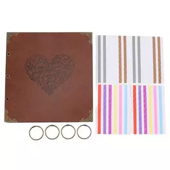 Loose Leaf Refillable Album PU Leather Iron Hoop Binder DIY Mini Photo Album Scrapbook Brown Bright Heart Shape Pattern