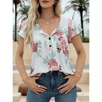 Loose Short Sleeved Printed Pleated Button T-shirt Top S