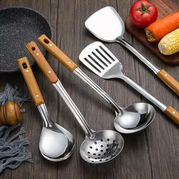 Лопатка-дуршлаг из нержавеющей стали с ручкой для ошпаривания, имитация под дерево, набор кухонных принадлежностей, утолщенная кухонная лопатка.