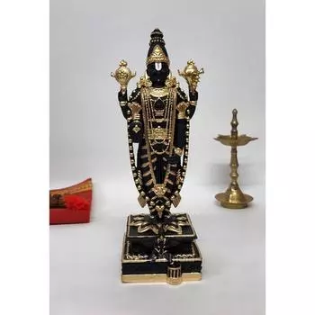 Lord Tirupati Balaji Black Terracotta Idol with Golden Jewelry Work | Vishnu Ji Idol for Office Desk |