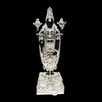 Lord Tirupati Balaji Silver Plated Black Terracotta Idol for Car Dashboard | Vishnu Ji Idol for Office Desk