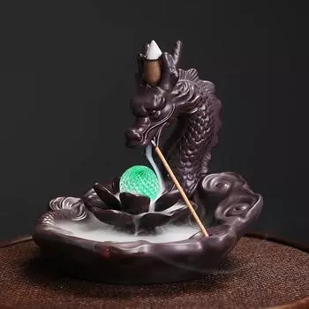 Lotus Dragon with Ball LED Ceramic Backflow Incense Burner Incense Stick Holder Purple Clay Censer Office Tea House Decorate