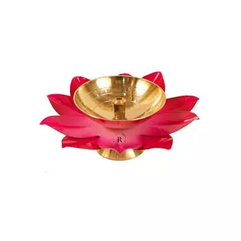 Lotus Flower Shaped Diya - Pack of 2 | Pure Brass Metal Made Metal Diya in Beautful Golden and Red Finish | Ideal for Home, , & Temple Madnir Use