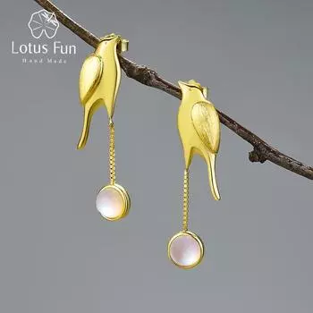 Lotus Fun 18-каратного золота с кристаллами Луны и птицы с кисточками висячие серьги для женщин стерлингового серебра 925 пробы персонализированные ювелирные изделия