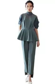 Louet спереди Pearl Airy Sleeve Top Slit Pants Set Casual Formal Брюки Костюм Брюки Платье Вечернее Платье Вечернее Платье Короткий Рукав Большой Размер Вечеринка Вечеринка
