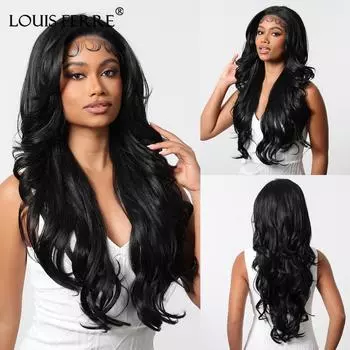 LOUIS FERRE Парики из кружева HD 13x6, синтетический черный парик, длинные волнистые парики с детскими волосами для женщин, повседневные парики из термостойкого волокна для вечеринок