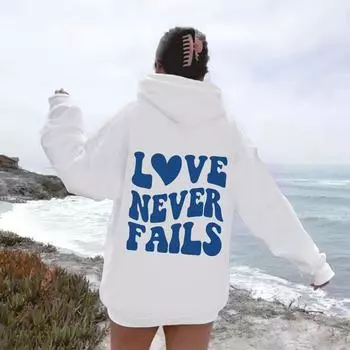 Love Never Fails Осень Новая женская однотонная толстовка с капюшоном с буквенным принтом, спортивная толстовка большого размера S белый