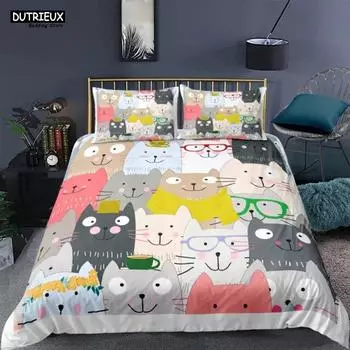 Lovely Cartoon Cat Bedding Set 23PCS Soft Polyester Queen King Full Size Duvet Cover Set With Pillowcases Kids Girls 70x133cm 2pcs