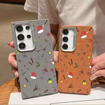 Lovely Merry Christmas Pattern Leather Texture Phone Case For Samsung S24 FE S23 Ultra A16 A55 A35 A54 A15 A14 Matte TPU Slim Shockproof Soft Cover Samsung S24 чёрный
