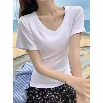 Low collar, exposed collarbone, right shoulder, half-sleeved white short-sleeved T-shirt for sweet girls, tight waist, small person summer top S