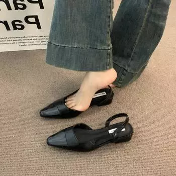 Low Heel Baotou Sandals Women s French Nude Color Pointed Small Fragrant Style Ladies Thick Heels Back Air Style Single Shoes 35 бежевый