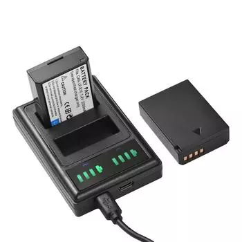LP-E10 Зарядное устройство на 2 слота со светодиодными индикаторами + 2 шт. Аккумуляторы LP-E10 7,4 В 2200 мАч с USB чёрный