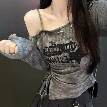 Lrregular Slanted Shoulder Drawstring Print Waist Slimming Long Sleeves Knitted Shirt T Shirt Top For Women S серый