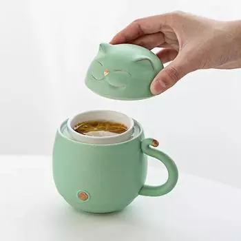 Lucky Cat Чайная кружка Керамические чашки Крышка Фильтр Офисные кружки для воды Дорожная сумка Разделительная чашка Посуда для напитков Кофейные и чайные принадлежности 300ml
