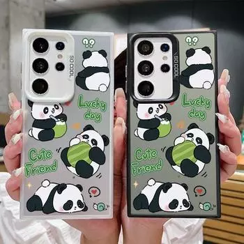 Lucky Panda Pattern Square Phone Case for Samsung S24 S22 Ultra S23 S21 S20 Fe A54 A53 A52 Shockproof Slim Anti-Fall Laser Imd Hard Cover Samsung S24 серый