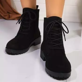 Lucyever Autumn Black Low Heeled Ankle Boots for Women Flock Lace Up Platform Short Booties Woman Comfort Plus Size Boots Female 36 чёрный