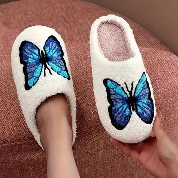 Lucyever Бабочка Вышивка Плюшевые Женские Тапочки Нескользящие Мягкие Домашние Шлепанцы Обувь Женская Зимняя Удобная Теплая Хлопковая Обувь Женская 36-37