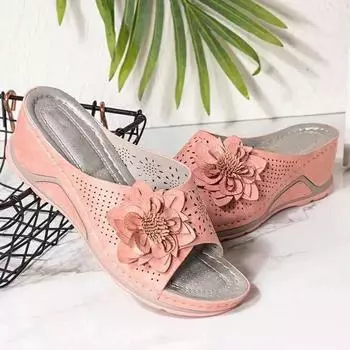 Lucyever Flower Platform Wedges Heels Slippers Women Hollow Out Thick Sole Sandals Woman Summer Plus Size Casual Shoes 43 35 темно-синий
