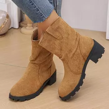 Lucyever Плиссированные ботильоны Slip On женские 2024 Vinatge Flock Толстые каблуки ковбойские сапоги женские Большие размеры Короткие Botas Mujer 36 бежевый