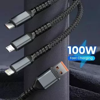 Luminous data cable 3-in-1 100W Fast Charging USB To Type-C Micro Fast Charger Cable For iPhone iPhone Samsung Xiaomi Huawei 1.2m чёрный