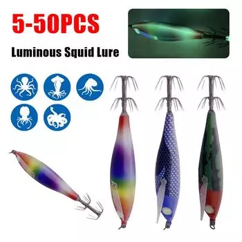 Luminous Wing Squid Jig Fishing Wood Shrimp Lure Fluorescent Fishing Lure Night Fishing Luminous Floating Lure Shrimp Hook Bait 1PC