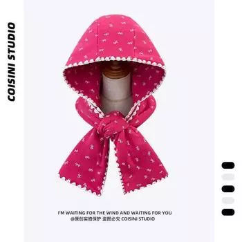 Luochi Knitting ~ Korean Bow Print Scarf Hat Integrated Female Winter Smiling Face Warm Shawl Scarf