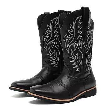 Luxury Brand Men s Long Boots Embroidered Design High Top Leather Boots Comfortable Low-heel Denim Boots Outdoor Fashion Shoes 38 чёрный