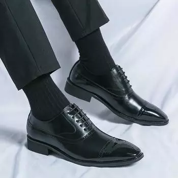 Luxury Brown Men s Business Leather British Style Brogue Shoes Wedding Office Oxford Shoes Black Lace-up Shoes 2024 38 чёрный