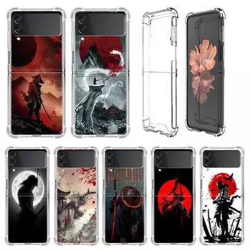 Luxury Case For Samsung Galaxy Z Flip 3 4 5G Funda Z Flip3 Clear PC Hard Shockproof Back Phone Shell Landscape Ink Samurai Art Samsung Z Flip 3 5G