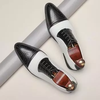 Роскошные классические мужские туфли-оксфорды из натуральной коровьей кожи черного/белого коричневого цвета с острым носком на шнуровке для свадебной вечеринки 38 чёрный