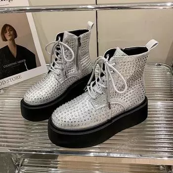 Luxury Crystal Platform Ankle Boots Flats Women Shoes Winter Sneakers 2025 Trend Designer New Chelsea Boots Elegant Botas Mujer 35 серебряный