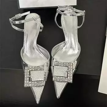 Роскошный дизайн CRYSTAL Hollow Buckle Strap High Heels сандалии Sexy остроносый Низкий тонкий каблук свадебное платье мюли женские туфли-лодочки 35 белый