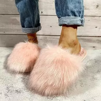 Luxury Fur Slippers Women Open Toe Raccoon Fur Slides Woman Shoes Flat Half Slippers Female Fashion Warm House Floor Slippers 36-37 розовый