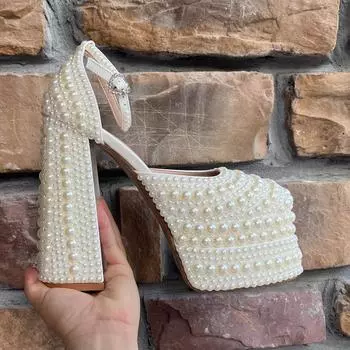 Luxury Handmade Full Pearls Beaded Platform Wedges Women Pumps Fashion Chunky Heeled Ultra High heels Banquet Dress Wedding Shoe 35