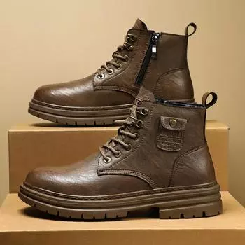 Luxury Leather Men s Ankle Boots High Top Outdoor Tooling Boots Work Casual Motorcycle Boots Work Boots for Men Boots 39 чёрный