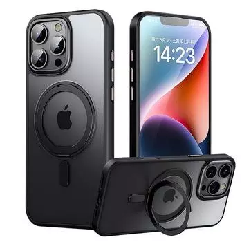 Роскошный магнитный чехол-подставка на 360° для iPhone 15 Pro Max 15Plus, металлическая кнопка, защитная крышка объектива для iPhone, чехол для iPhone TPU PC Metal&For iPhone 15 серый