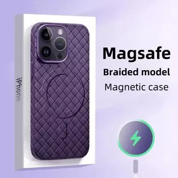 Роскошный магнитный кожаный чехол для телефона iPhone 13 14 15 Pro Max Magsafe Weaving Grid Cellphone Funda Ventilate Mobile Cover For iPhone14 Pro Max