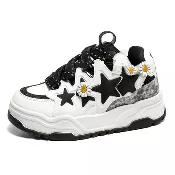 Luxury Man And Women Thick Sole Board Shoes Casual Leather Star White Platform Sneakers Shoes for Women Fashion Couple Flower 37