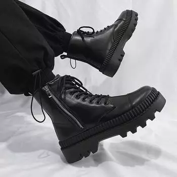 Luxury men s British style high top casual leather boots with trendy side zippers for spring autumn new high-quality work boots 39 чёрный