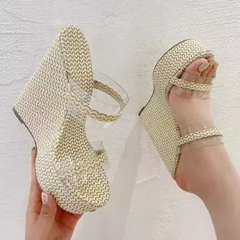 Luxury Novelty Design Platform Wedges High Heels Sequined Solid Woman Slippers Sexy PVC Transparent Summer Party Women s Sandals 36 абрикосовый
