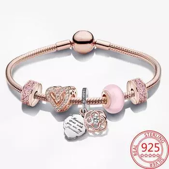 Luxury Sterling Silver 925 Elegant Two -Tone Rose Pink Pave Fixing Clip Charm Set Moment 925 Bracelet Woman Anniversary Gift 16cm