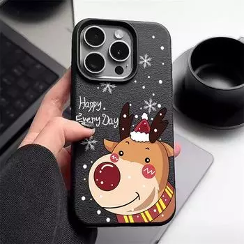 Luxury Tpu Soft Christmas Elk Pattern Phone Case for iPhone 16 Pro 15 14 13 12 Pro Max 11 Solid Color Matte Shockproof Slim Cover Coque iPhone 16 чёрный