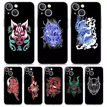 Luxury Transparent Phone Case For iPhone 15 14 13 12 11 Pro Max XS X XR 7 8 Plus Clear Shockproof Cover Samurai Oni Mask neon iPhone XR