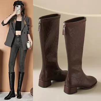 Luxury Women s Boots High Quality Square Toe Women s Ankle Boot Fashion Med-High Heels Women Shoes British Style Knee-High Boots 35 чёрный