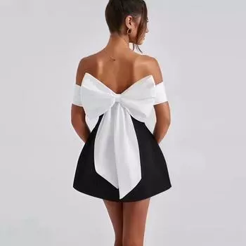 LYRIA Платье мини с большим бантом на спине, модное платье с открытыми плечами, с высокой талией, без рукавов, с открытой спиной, новые вечерние платья S чёрный