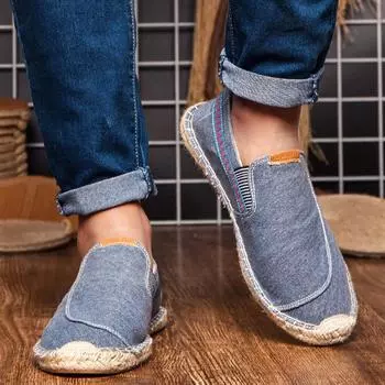 m98Men Hemp Canvas Casual Shoes Man Flat Loafers Lightweight Male Shoes Soft Walking Driving Tenis Masculino Adulto 38 светло-серый
