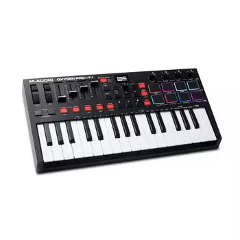 M-AUDIO Oxygen Pro Mini — 32-клавишная USB-MIDI-клавиатура с бит-пэдами, назначаемыми по MIDI ручками, кнопками и фейдерами, а также собственным звуком инструментов