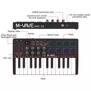 M-VAVE 25-клавишная клавиатура с управлением по MIDI Портативная мини-клавиатура Контроллер по MIDI 25 клавиш, чувствительных к скорости нажатия 8 пэдов с подсветкой RGB 8 ручек чёрный