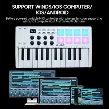 M-VAVE 25-клавишная клавиатура с управлением по MIDI Мини-клавиатура USB MIDI-контроллер с 25 клавишами, чувствительными к скорости нажатия 8 пэдов с подсветкой RGB 8 ручек белый